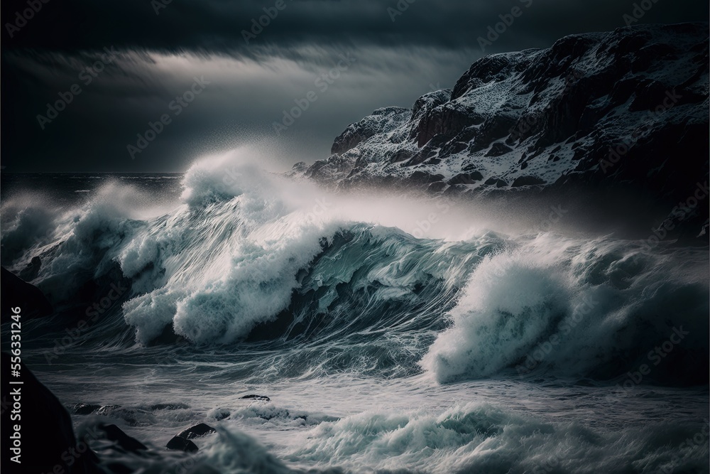Poster a large wave crashing into a rocky shore under a cloudy sky with a mountain in the background and a 