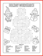 Holiday word search puzzle, Christmas word puzzle. Christmas activity. Fun activities for kids.