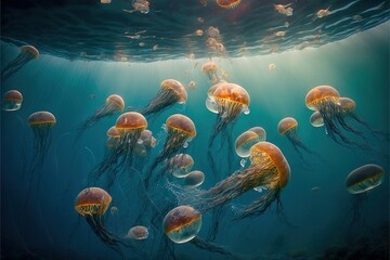 a group of jellyfish swimming in the ocean water with sunlight shining through the water's bubbles and bubbles. - obrazy, fototapety, plakaty