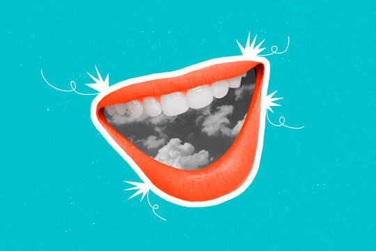 Photo image creative collage of open mouth cavity white teeth red lips dentistry healthcare orthodontist isolated over blue color background