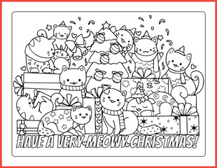 Christmas Coloring Page With Cat Vector Illustration