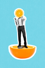 Vertical creative collage photo promo orange juice of young performer talented singer stay with...
