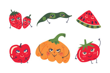 Cute Cartoon Smiling Fruit and Vegetable Character with Hands Vector Set