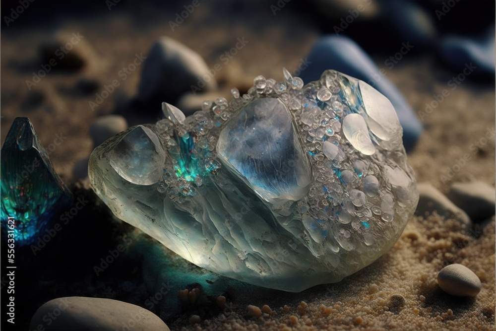 Poster a close up of a rock with water droplets on it and rocks in the background with a blue light., gener
