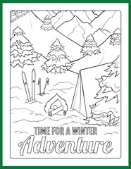 Coloring Page, time for a winter, adventure. Fun activity sheet for kids