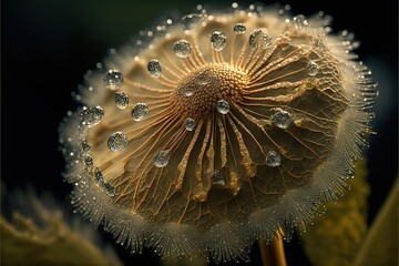 a dandelion with drops of water on it's petals and leaves in the background.