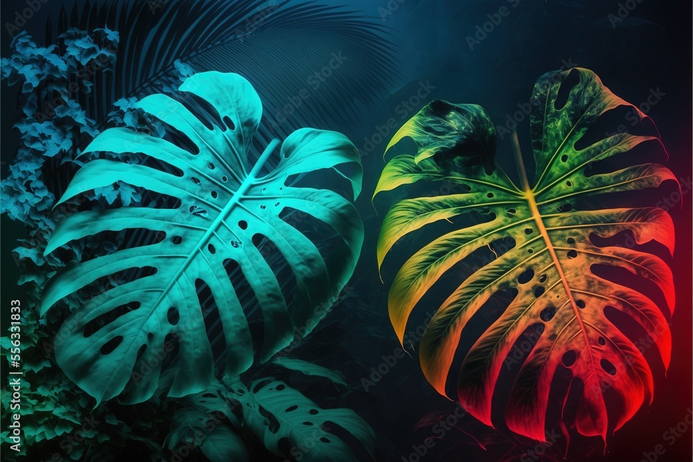 Poster a couple of large green leaves next to each other on a black background with a red light in the midd