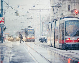 Vienna, Austria:  city traffic on snow covered roads in winter  