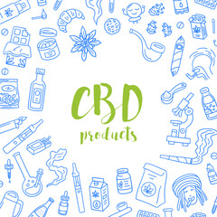 Vector hand drawn CBD infused products doodles background. Illustration with contour marijuana infused juice, flowers, cigar, preroll. Microscope, vape, bong, chocolate and other products flying