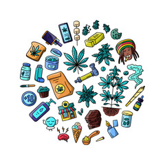 Vector hand drawn CBD infused products doodles round composition. Sativa infused butter, bread, marshmellows, cookie, preroll and tincture products in circle. Cannabis plant, flower in jar composition