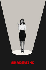 Creative photo 3d collage artwork poster picture of worried nervous lady afraid of public speaking...