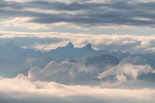 Sunrise in the mountains of switzerland on a cloudy winter day closeup