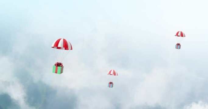 Gift Packages are Flying Over the Clouds by Parachute. A Message about a Discount or Sales Campaign can be Written at the End of the Footage.