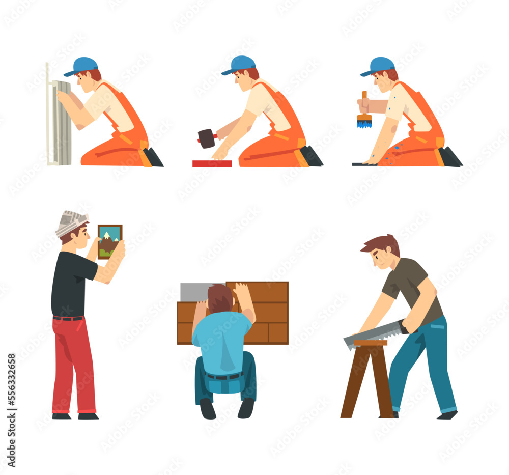 Poster man worker in overall doing maintenance work vector set