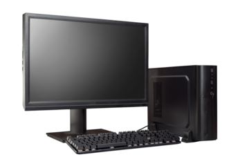 Black modern desktop PC with monitor and keyboard. Isolated png with transparency. Copy space on the monitor screen