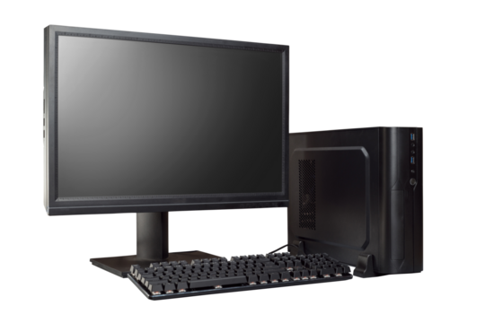 Black modern desktop PC with monitor and keyboard. Isolated png with transparency. Copy space on the monitor screen