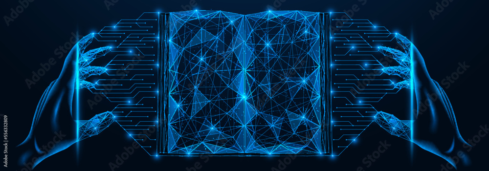 Wall mural artificial intelligence creating an e-book. polygonal design of interconnected lines and points. blu