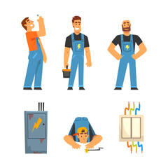 Man Electrician in Blue Overall with Professional Tools Engaged in Maintenance and Repair Electrical Infrastructure Vector Set