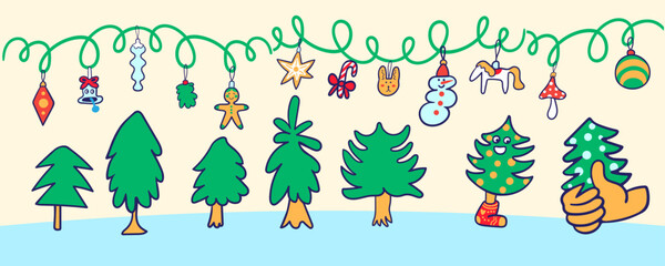 set of Christmas trees in flat style and Christmas decorations