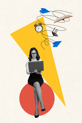 Creative photo 3d collage artwork poster of young lady use netbook pass online test worried good...