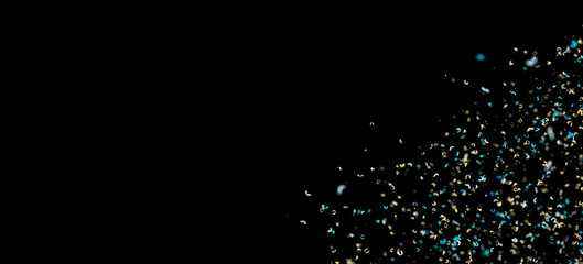 Golden and blue confetti isolated on black background. Shiny particles. Party, Merry Christmas, Happy New year, Birthday decoration. Celebration background. Corner. Copy space. 3D render.