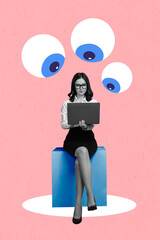 Creative photo 3d collage artwork poster picture of successful lady use netbook work time isolated...