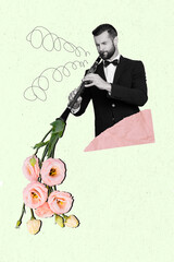 Vertical collage photo artwork of young musician guy wear formal gentleman costume play clarinet...
