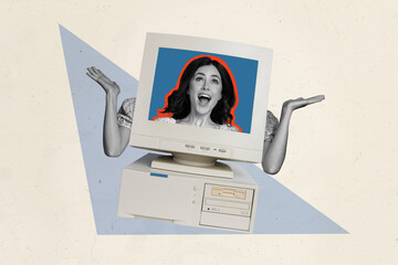 Creative collage image of astonished black white girl inside pc monitor isolated on drawing...