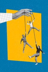 Collage photo of three people hanging string rope hand hold them funny excited reaction...