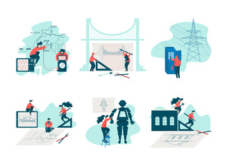 People Characters Engineering Project Engaged in Construction and Design Vector Set