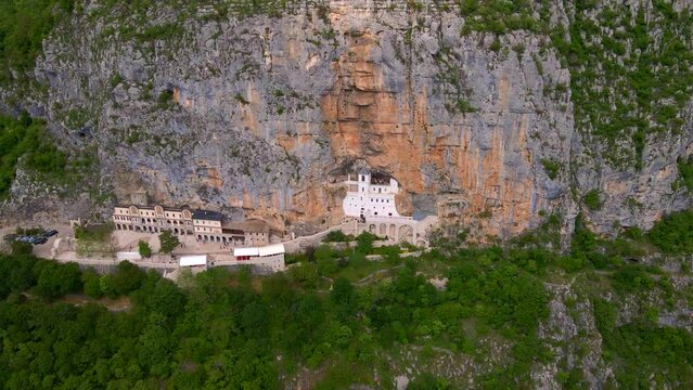 Aerial shot of the Ostrog Monastery or Monasterio de Ostrog in Montenegro. It is an important Orthodox religion center in Balkans