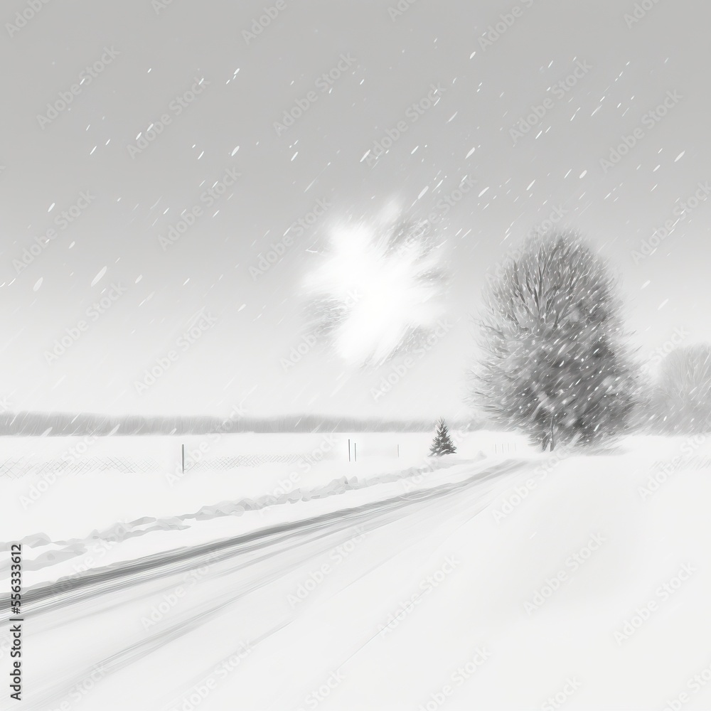 Poster a black and white photo of a snowy road with trees and a fence in the background and a sun in the sk