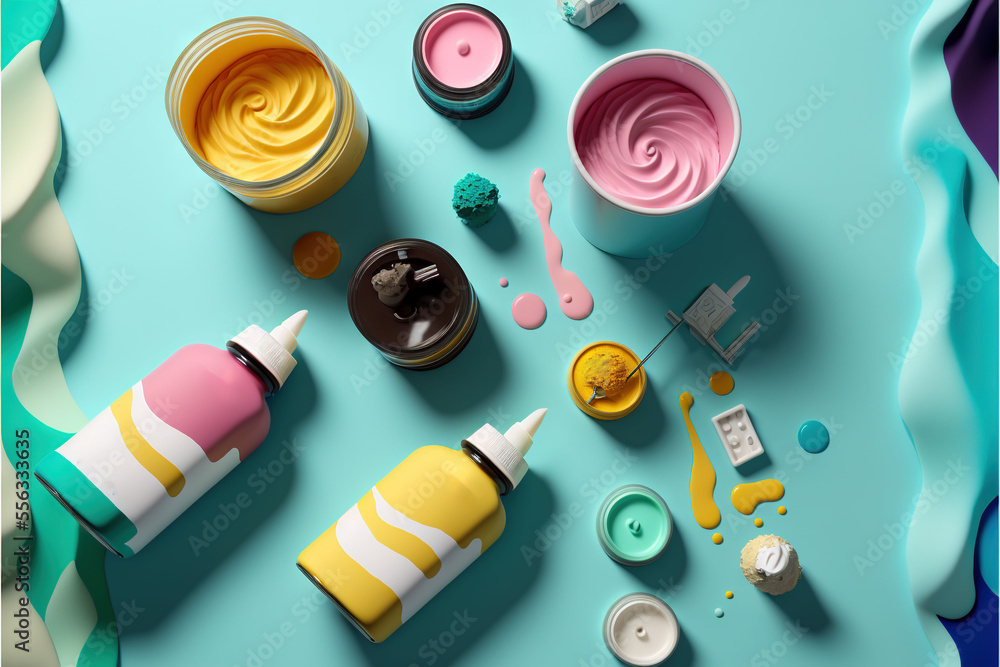 Poster a table with various items that include paint and a cup of coffee and a spoon and spoon rest on it.,