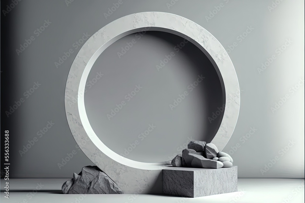 Aufkleber a sculpture with rocks in it on a table next to a wall and a gray background with a white circle., g