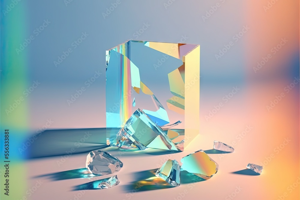 Poster a crystal block with a few pieces of it on a table top with a rainbow background and a blue sky., ge
