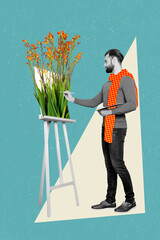 Creative 3d composite collage photo of young man artist wear stylish orange knitted scarf drawing photorealism flowers isolated on blue background