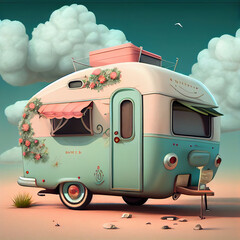Generative AI:cute camp in the desert with flowers and blue sky - obrazy, fototapety, plakaty