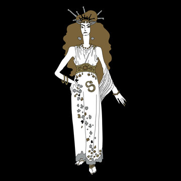 Beautiful antique woman or goddess. Isolated vector illustration. On black background.