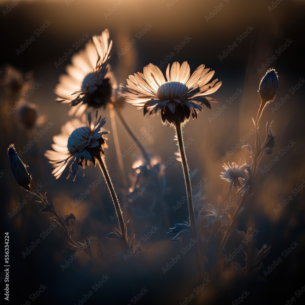 Poster a group of daisies in a field with the sun shining through the flowers and the grass in the foregrou