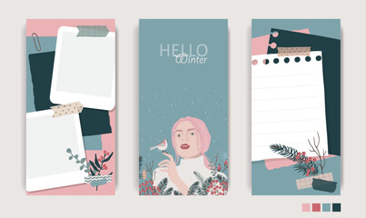 Design for social media. Set of winter stories templates. Mockup for personal blog. Scrapbook composition with notes paper, tapes, flowers elements and photo frame.