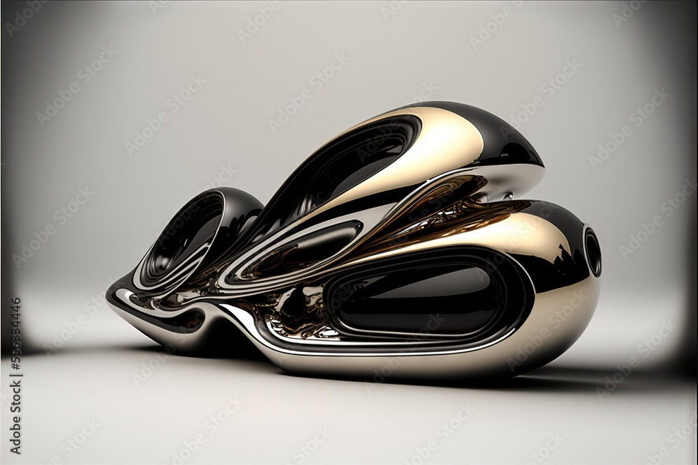 Poster a black and gold object is sitting on a table top with a gray background and a black and white backg