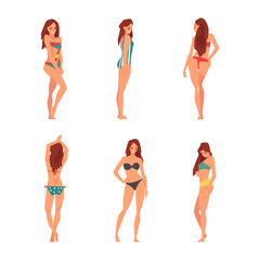 Young Woman in Swimsuit Having Slim Body Standing and Posing Vector Set