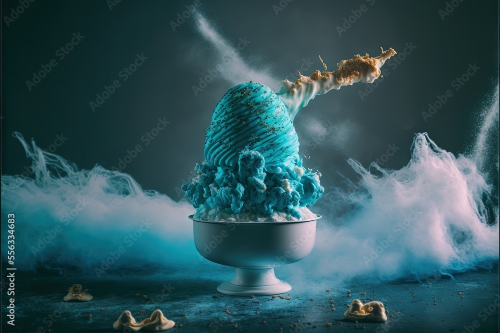Poster a blue ice cream cone with a sprinkle of ice on top of it in a bowl with a black background., genera