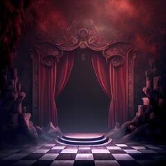 Generative AI: theater with red curtain stairs and stage background