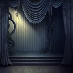 Generative AI: theater with blue curtain stairs and stage background
