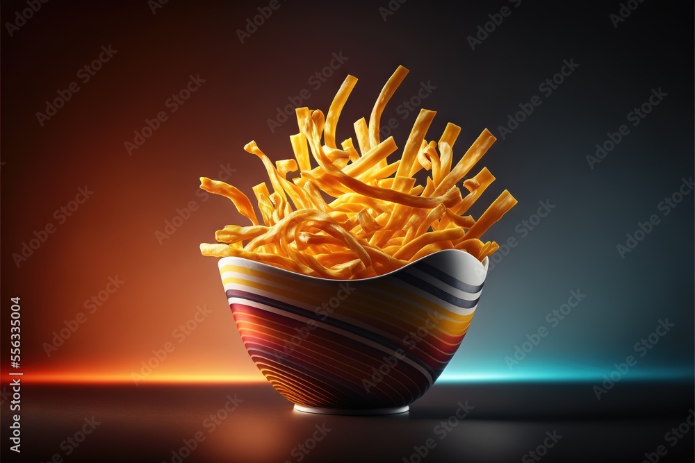Poster a bowl of french fries with a colorful design on it's side and a black background behind it., genera