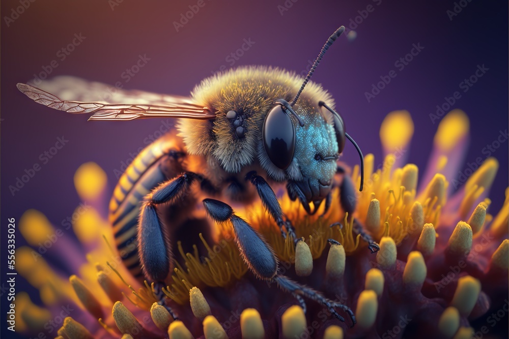 Poster a bee sitting on top of a flower with its eyes closed and wings open., generative ai