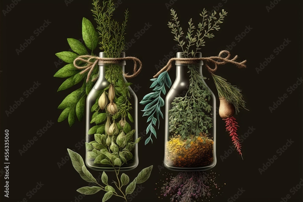 Poster three glass bottles with plants inside of them on a black background with a rope around them and a s