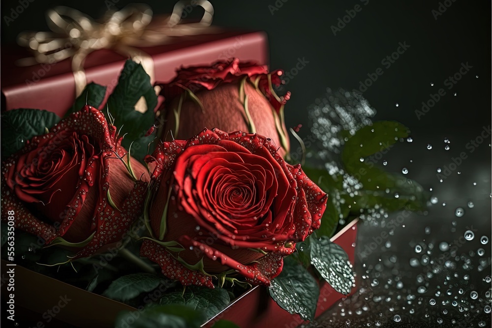 Poster a red box with two roses in it and water droplets on the surface around it and a bow on the top., ge