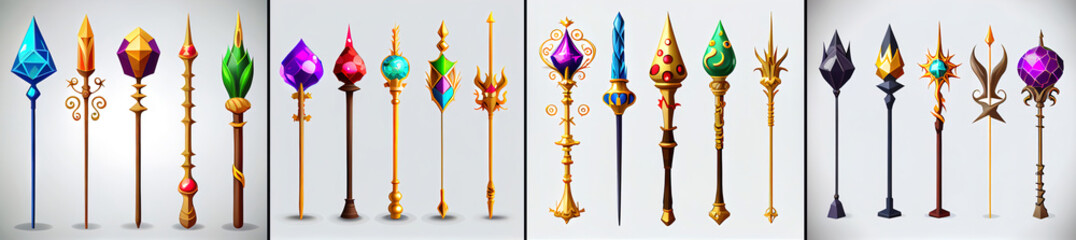 Set of Wands, Staffs, Sceptres. Mobile Game Assets. - obrazy, fototapety, plakaty